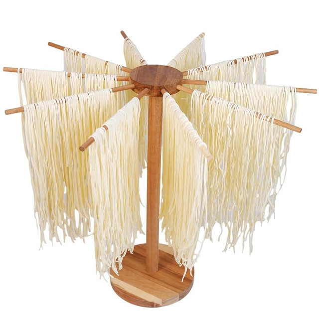 Pasta Drying Rack, Large Acacia Wood Pasta Rack Collapsible for Fresh Pasta Noodle Spaghetti Dryer Hanger Stand With Transfer Wand 10 Bars.