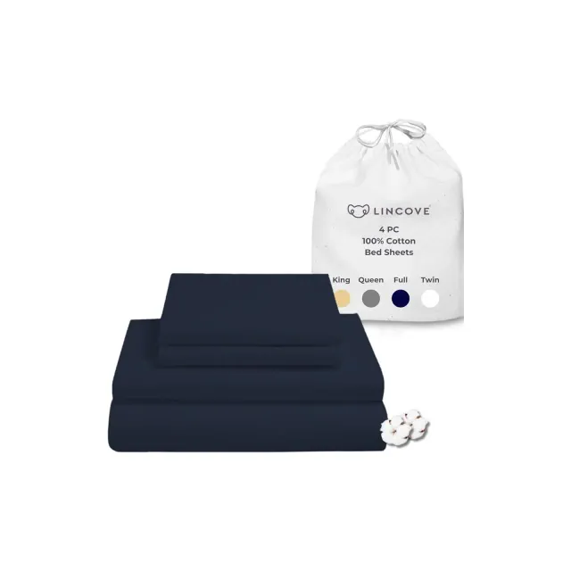 Lincove 400 Thread Count Cotton Sateen 4 Piece Sheet Set, 15" Deep Pockets, Includes 1 Fitted Sheet, 1 Flat Sheet, 2 Pillowcases, Queen - Navy