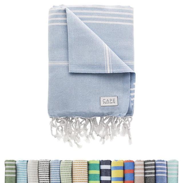 Cape Comforts Large Turkish Beach Towel, Classic Powder Blue - Super Soft & Lightweight Quick Dry Absorbent Towels for Beach, Picnic Blanket or Bath Towel - Sand Free Organic Turkish Cotton Yarn