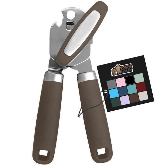 GORILLA GRIP Multifuntional Manual Can Opener and Bottle Openers, Stainless Steel Sharp Cutting Blade for Smooth Edge, Soft Ergonomic Handles, Oversized Easy Turn Knob, Heavy Duty Kitchen Tool, Coffee