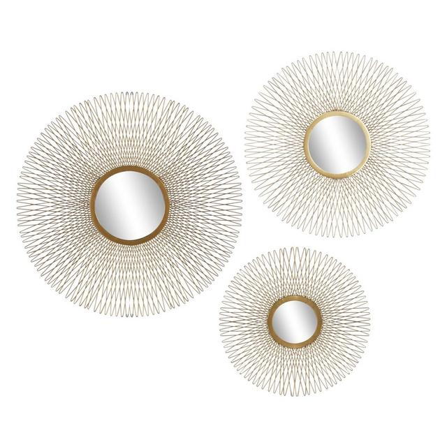 Set of 3 Modern Tin and Glass Round Wire Sunburst Wall Mirrors Gold - Olivia & May