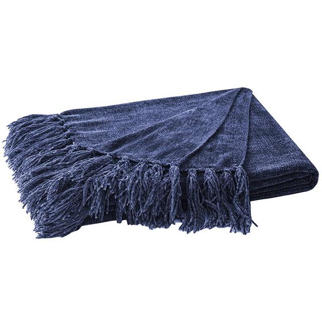 RECYCO Chenille Throw Blanket with Decorative Tassel Fringe Luxury Cozy Throw Blankets for Couch, Sofa, Chair, Bed Home Decor (Navy Blue, 50'' x 60'')