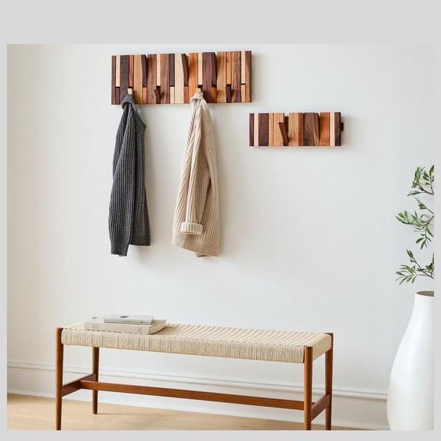 Multi Material Mixed Hardwoods Hook Rack| Handmade Flip Down Coat Rack| Natural Wood Coat Hanger & Backpack Holder