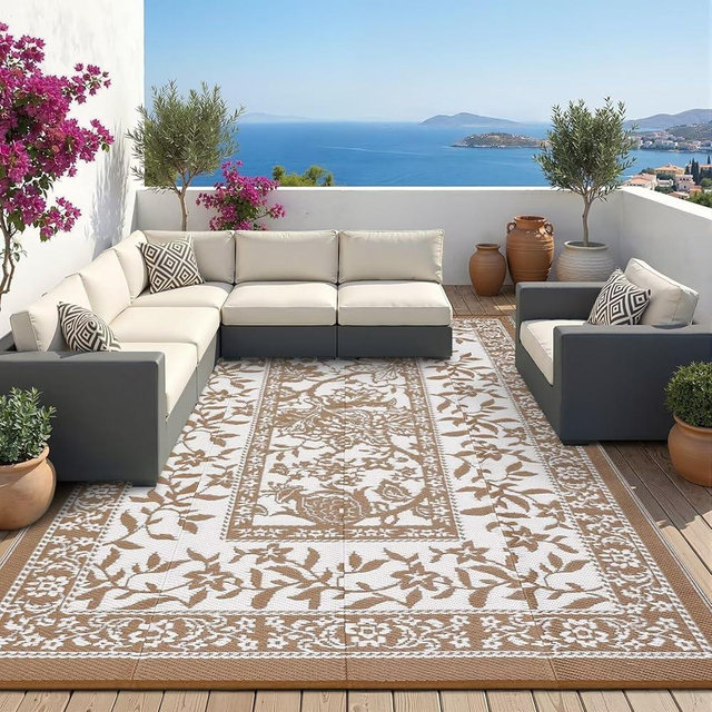 Garvee Outdoor Rug 8x10, Waterproof Reversible Foldable Plastic Straw Rug, Botanical cottagecore Outdoor Rugs Patio Camping RV Carpet for Deck Camper Porch Balcony Backyard Picnic Beach Coffee