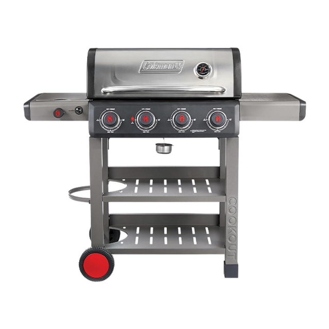 Coleman Cookout 4-Burner Propane Grill, 36,000 BTU Gas Grill with Side Burner, 2-Wheel Cart, 637-Sq. In. Cooking Surface, Instastart Ignition, and Storage Shelves, Stainless/Gray