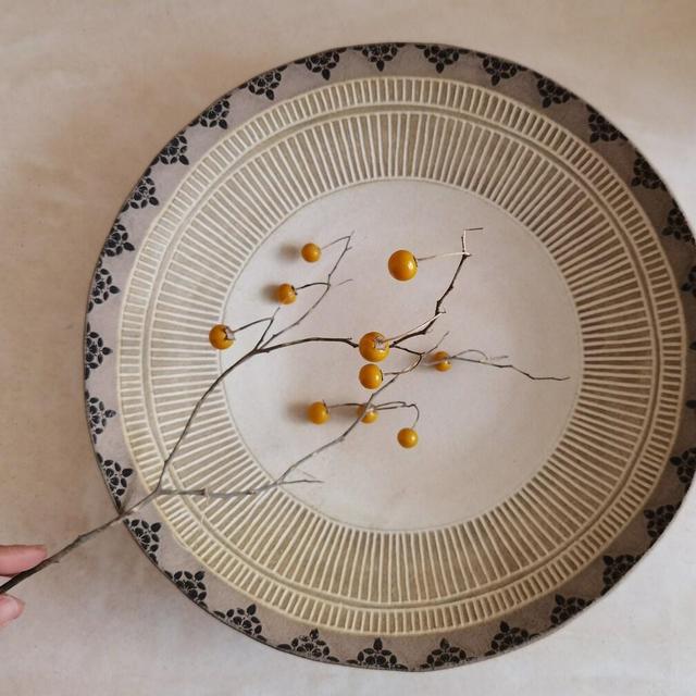 Large Wide Ceramic Bowl ,Modern ceramic bowl, Large Bowl with print Decorations and Covered with beige Glaze , Large Serving Bowl