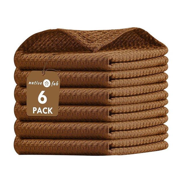 Native Fab 6 Pack Waffle Dish Cloths -100% Cotton, Absorbent, Quick Drying & Soft Towels for Cleaning, Cooking & Drying Dishes - Perfect for Home, Restaurants & Bars, 12" x 12" - Brown