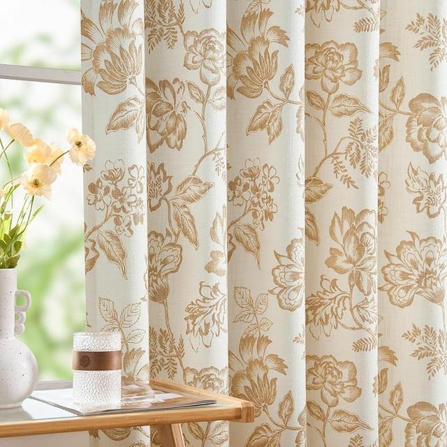 jinchan Floral Curtains Burlap Look Curtain 84 Inch Long Faux Linen Yellow Flower Patterned Drapes for Living Room Light Filtering Farmhouse Drape Rod Pocket Window Curtains for Bedroom 2 Panels