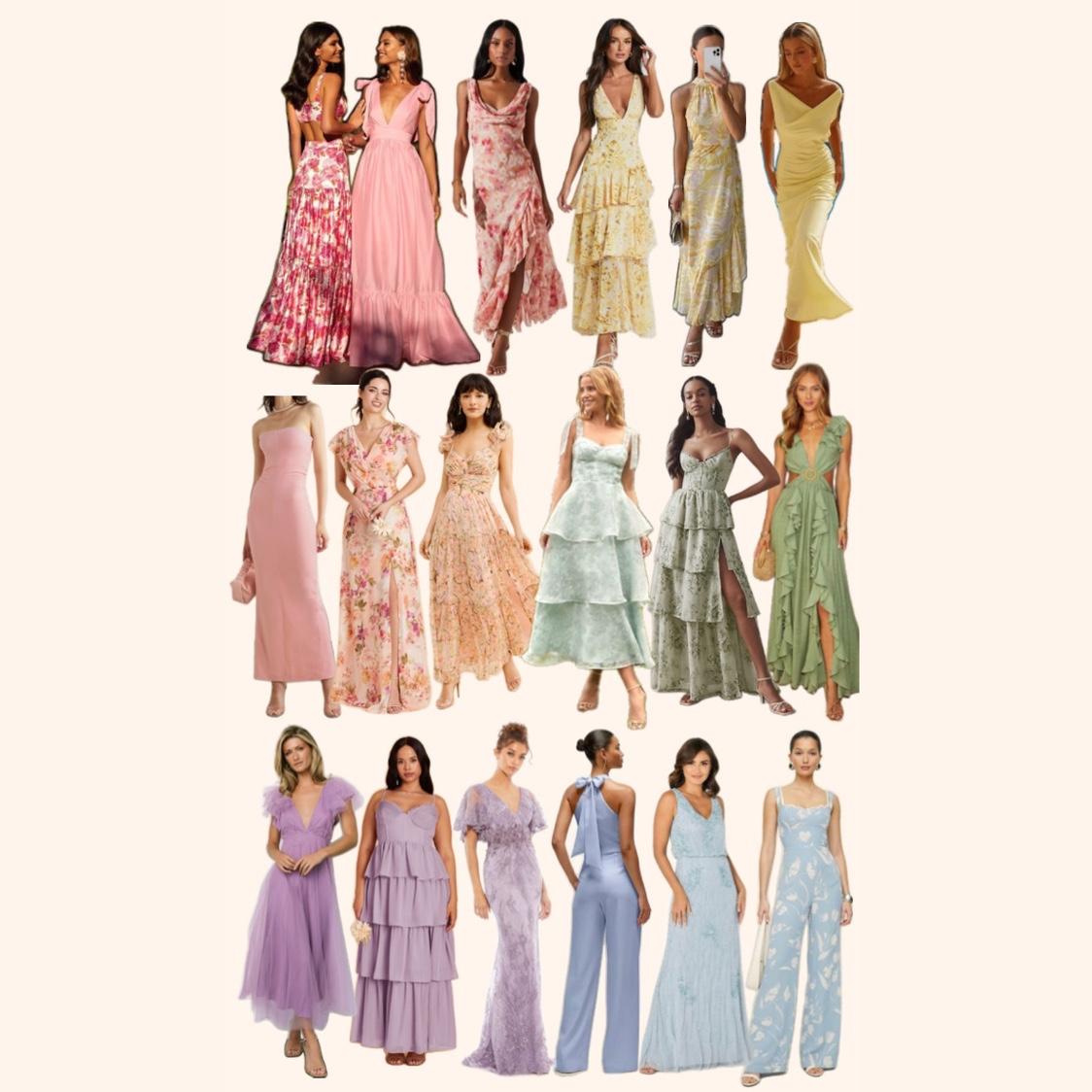 long and flowy pastel dresses, 
elevated, formal jumpsuits