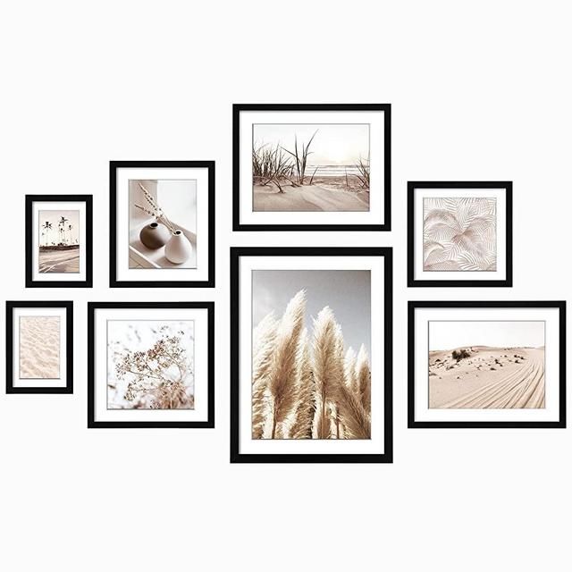 ArtbyHannah 8 Pack Black Color Gallery Wall Frame Set with Pampas Grass and Desert Prints Wood Picture Frame Collage Sets for Wall Art or Home Decoration, Multi Size 11x14"x1, 10x10"x1, 8x8"x1, 12x9.5"x2, 8x10"x1, 5x7"x2
