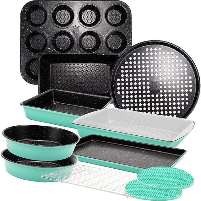 KITCHENATICS Nonstick Bakeware Set, 12-PC Heavy Duty Professional Kitchen Baking Pan Set Cookie Sheet Set, Cooking Baking Set, Baking Pans, Carbon Steel Bakeware Set, Oven Pan Set - Turquoise