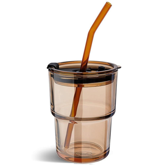 Olvini 13oz Glass Tumbler with Straw and Lid, Reusable Iced Coffee Cup Tumbler, Cute Glass Cups for Water, Matcha, Travel Coffee Mugs (Amber - 13oz)