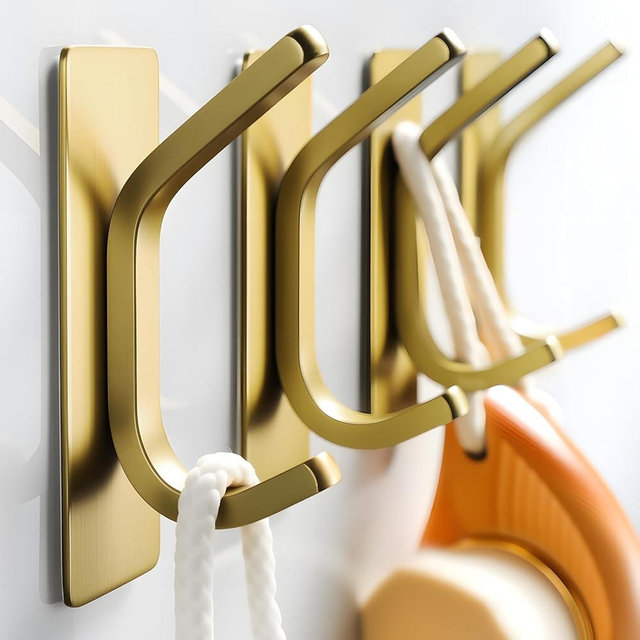 Taozun Adhesive Hooks - Brushed Gold Towel Hooks, Stainless Steel Stick on Wall Hooks Holder for Hanging Robe Sponges in Bathroom and Bedroom