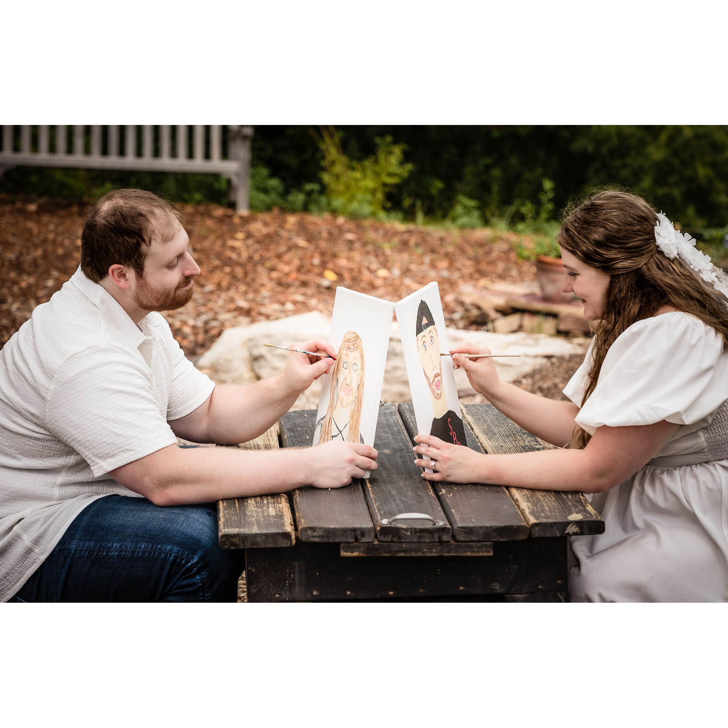 These are the paintings we made of each other on our first date so of course we had to incorporate them in our engagement shoot!