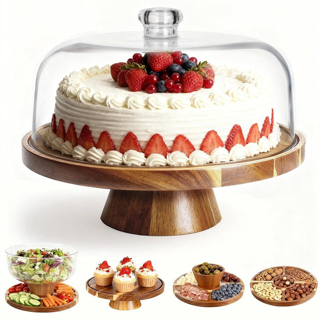 VALESKA Acacia Wood Cake Stand with Lid, 2-in-1 Dessert Table Display Set & Charcuterie Board with 12In Acrylic Dome, Serving Platter, Fruit Platter, Cake Plate