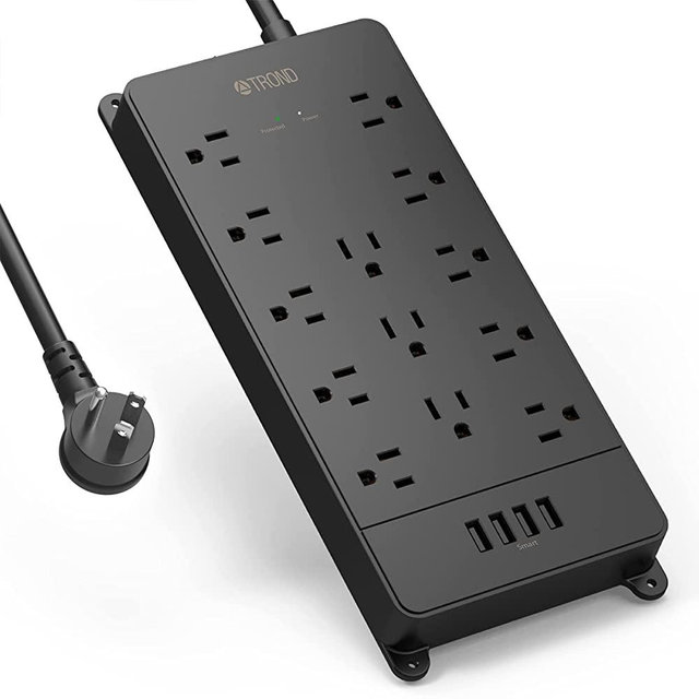 Power Strip Surge Protector, 4000J, ETL Listed, TROND 13 Widely-Spaced Outlets Expansion with 4 USB Ports, Low-Profile Flat Plug, Wall Mountable, 5ft Extension Cord, 14AWG Heavy Duty, Black