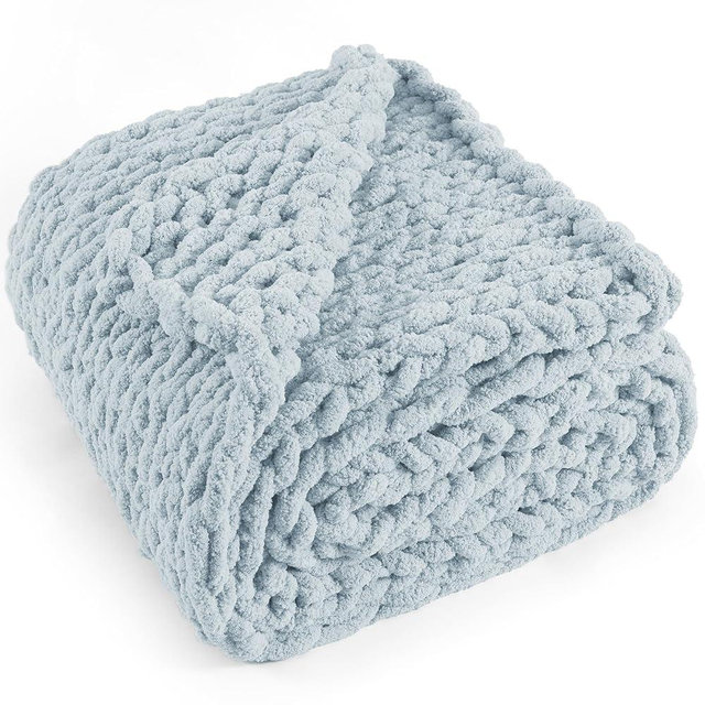 LONG CREATE Chunky Knit Throw Blanket 50"X 60", 100% Handmade with Soft Chenille Yarn, 4.4lbs Thick Cable Knitted Blankets, Large Rope Knot Crochet Throws for Couch Sofa Bed Home Decor, Baby Blue