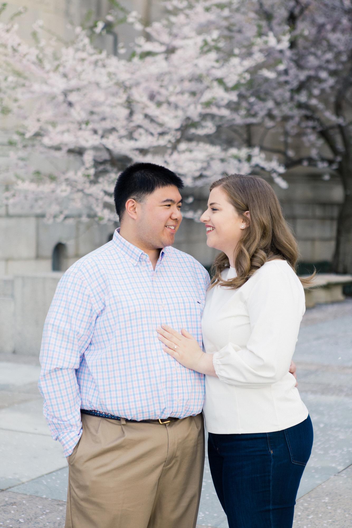 Cherry blossom engagement pictures at the Basilica of the National Shrine of the Immaculate Conception, March 2020. (Kate Grace Photography)