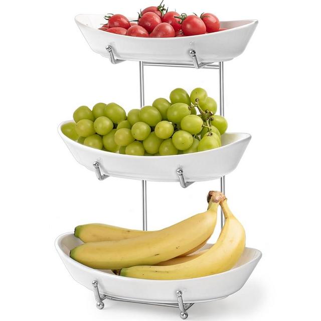 LUFILUFI Fruit Bowl Basket for Kitchen Counter, 3 Tier Ceramic Serving Bowls with Metal Stand, Tiered Fruit Basket for Fruit, Vegetable, Snack, Nuts, Serving Tray Set for Entertaining