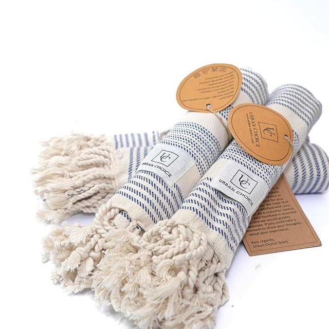 URBAN CHOICE Turkish Hand Towels with Hanging Loop(18" x 38"), Set of 4, Prewashed, Multipurpose Decorative Hand Towels for Bathroom,Hand,Kitchen,Face,Yoga,Gym,Tea (Blue, Modern - Pack of 4)