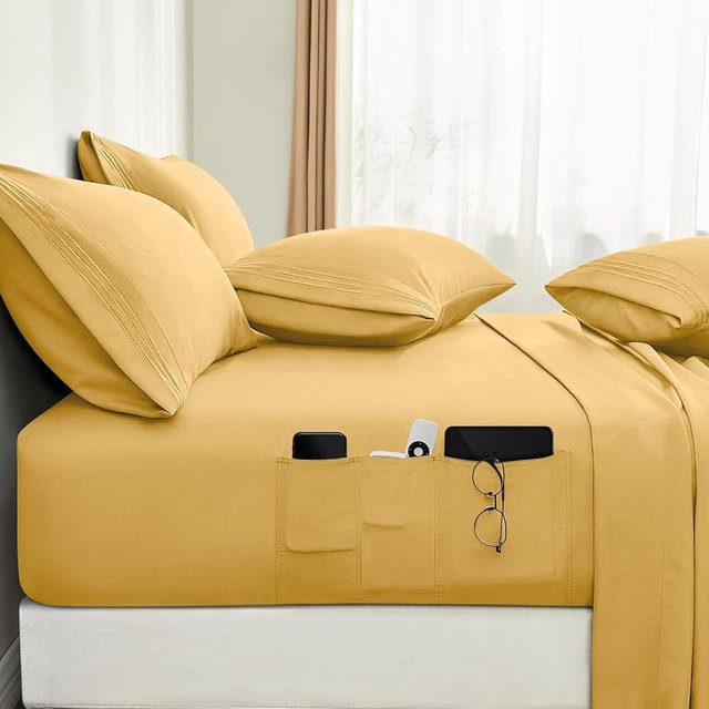 BYSURE 6 Pieces Bed Sheets Set with Pockets on Side(Queen, Gold), Sweat-Wicking Breathable Sheets, 16-inch Super Soft Hotel Embroidered Microfiber Sheet Set