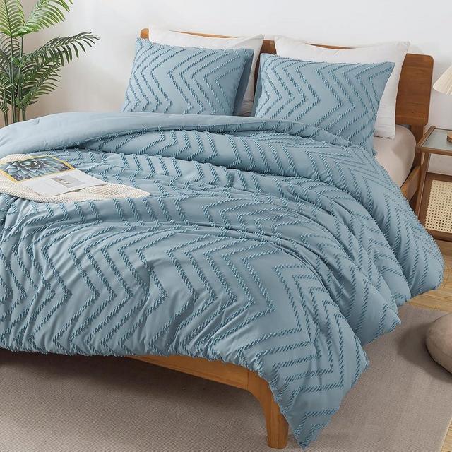 Andency Greyish Blue Comforter Set Queen Size, Boho Soft Warm Tufted Bedding Comforter Sets for Queen Size Bed, 3 Pieces Aesthetic Chevron Farmhouse Cute Bohemian Textured Bed Set