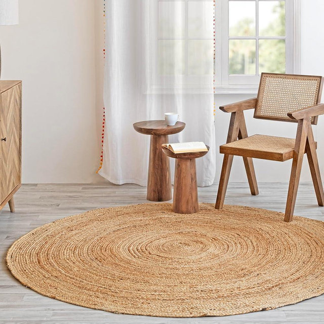 HOMEMONDE 8ft Round Natural Jute Rug - Handwoven Braided Reversible Vintage Area Rug Farmhouse Rustic and Bohemian Eco Friendly Home Décor for Bedroom, Living Room and Kitchen