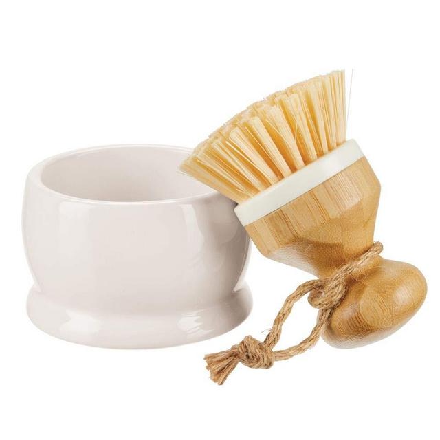 mDesign Bamboo Round Mini Palm Scrub Brush, Stiff Bristles with Holders - Wash Dishes, Pots, Pans, Vegetables - for Kitchen Sink, Bathroom, Household Cleaning - Cream/Natural Wood