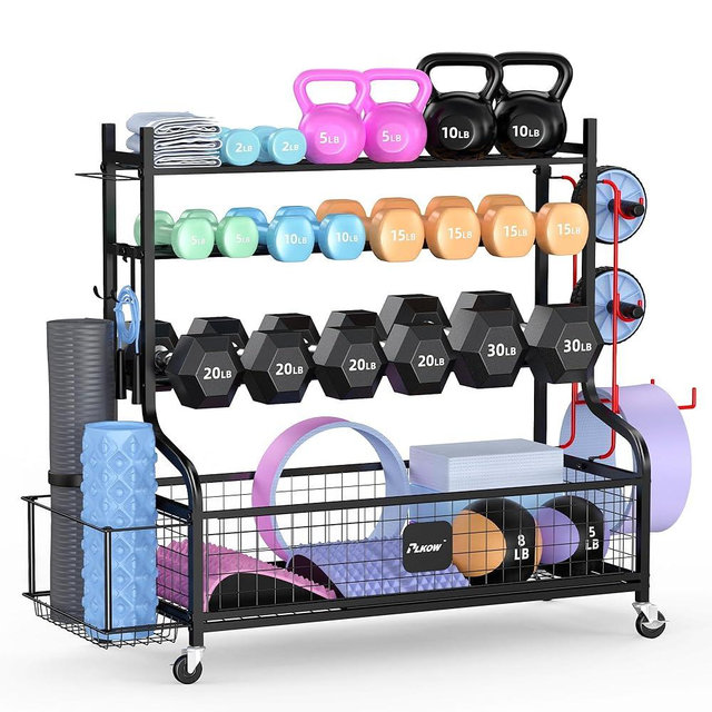 PLKOW Dumbbell Rack, Weight Rack for Dumbbells, Home Gym Storage for Dumbbells Kettlebells Yoga Mat and Balls, All in One Workout Storage with Wheels and Hooks, Powder Coated Finish Steel