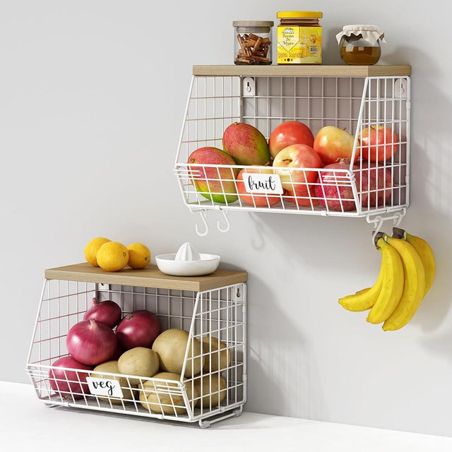 Goozii White Wire Basket Fruit Storage for Kitchen Counter Set of 2, Wall Mount Fruit Basket with Shelf with Banana Hanger, Hanging Countertop Organizer for Bathroom Pantry Cabinet, White + Natural