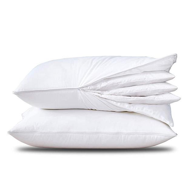 Three Geese Adjustable Layer Down Feather Pillow,Assemblable Bed Pillow,100% Soft Egyptian Cotton Cover,Good for Side and Back Stomach Sleeper, Queen Size,Packaging Include 2 Pillows.