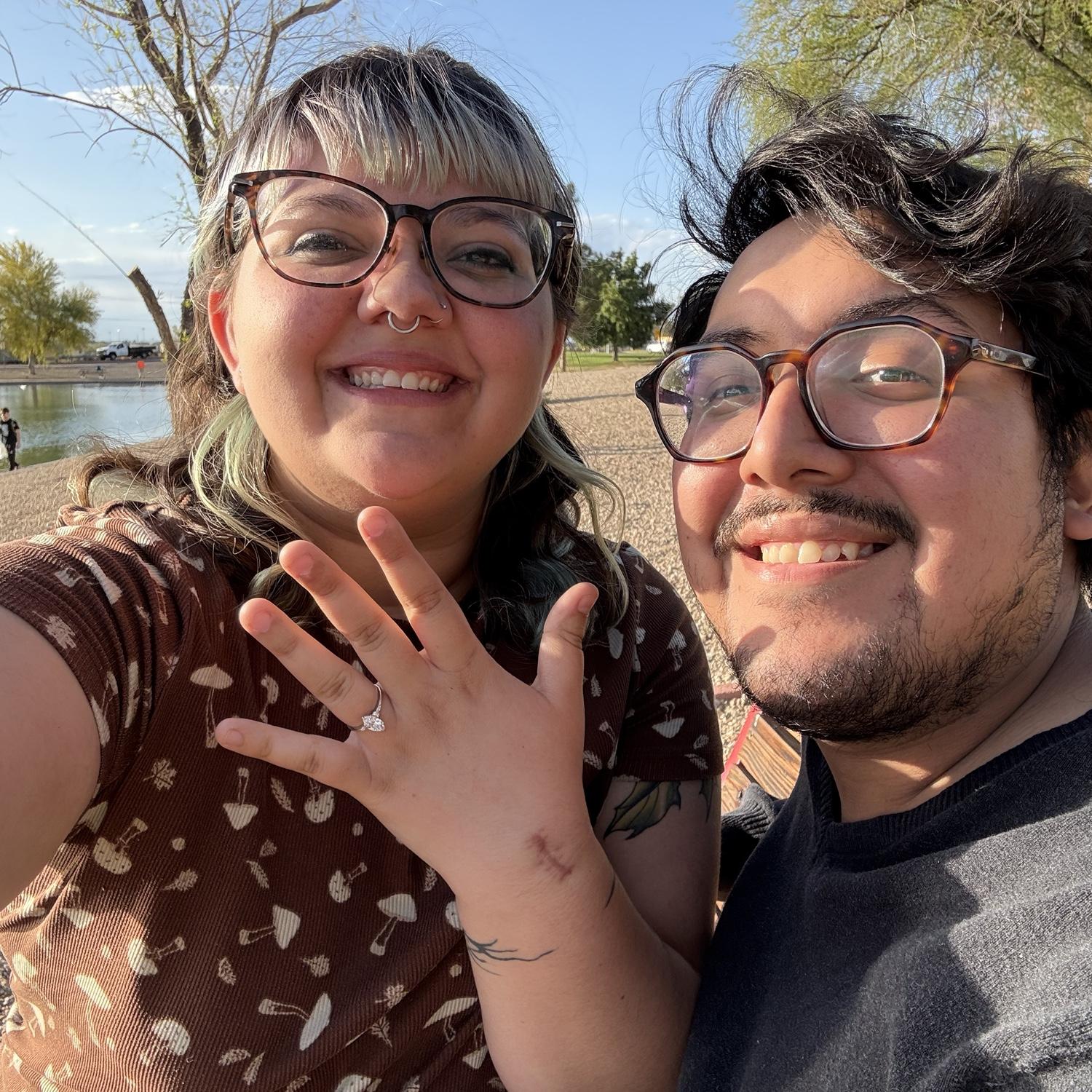 At the duck pond right after Chris proposed😍