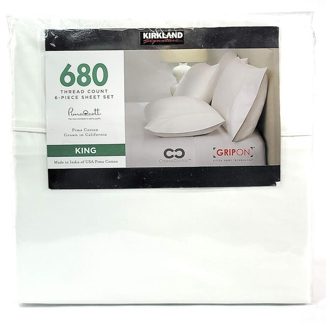 Kirkland Signature King Bright White 680 Thread Count Sheet Set 6 Piece Deep Pockets