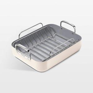 Caraway 16.5" Cream Ceramic Non-Stick Roasting Pan with Rack + Reviews | Crate & Barrel