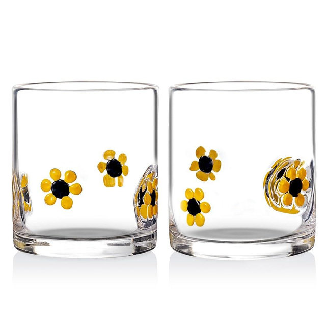 Burns Glass Sunflowers Rocks Glasses Set of 2, 14 Oz Mexican Old Fashioned Whiskey Glass with Heavy Base, Cute Cocktail Drinking Glasses Dishwasher Safe Unique Water Cup Mixed Glassware