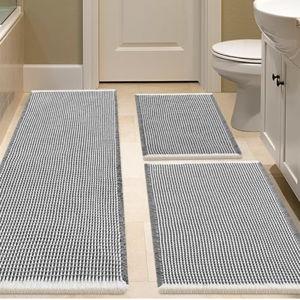IM HOME Waffle Bath Mat Set 3 Piece Darkgrey & Cream,Woven Modern Bath Rug Mats, Absorbent Non Slip Bath Floor Mat, Soft Washable Boho Bath Rugs with Tassels for Bathroom, Bedroom, Kitchen, Tub