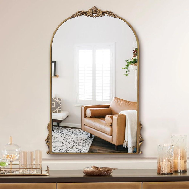 GA Home Carved Arched Wall Mirror, 24" x 36" Antique Gold Bathroom Mirror, Ornate Baroque Decorative Mirror for Living Room, Fireplace, Bedroom, Entryway