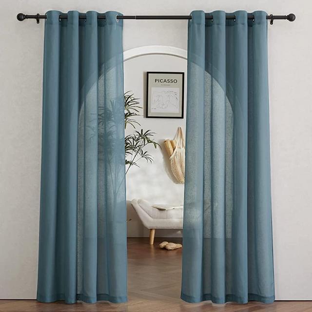 NICETOWN Sheer Linen Curtains 84 inch Long for Bedroom, (Smoke Blue) Grommet Privacy Semitransparent Light Filtering Flax Sheer Window Treatment for Living Room, W52 by L84, Set of 2