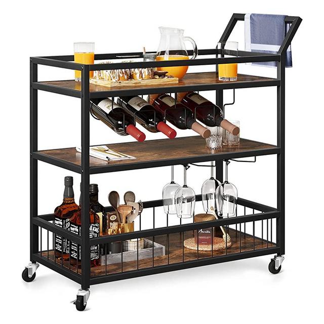 YITAHOME Bar Cart, Industrial Kitchen Cart for Home, Mobile Bar Cart on Wheels with 3-Tier Storage Shelves, Wood Metal Serving Trolley, Wine Rack, Glass Holder, Rustic Brown