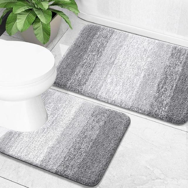 OLANLY Luxury Bathroom Rug Set 2 Piece, Soft Absorbent Microfiber Bath Rugs and U-Shaped Contour Toilet Rug, Non-Slip Bath Carpet, Bath Mats for Bathroom (24"x16"+24"x20", Light Grey)