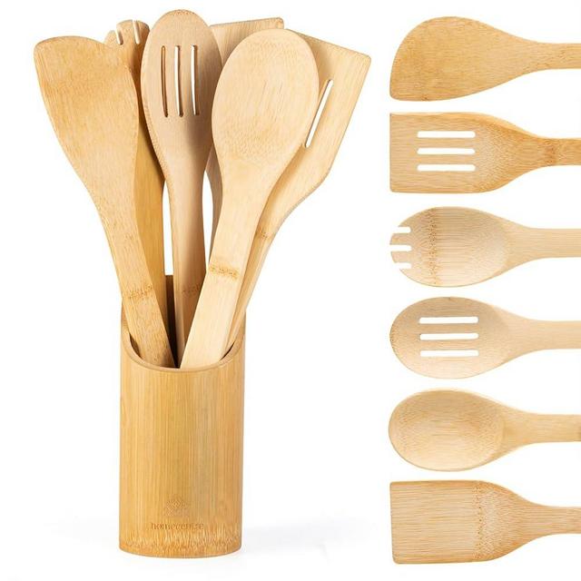 Bamboo Wooden Spoons for Cooking 7 Piece - Bamboo Cooking Utensils Set with Holder Bamboo Wooden Spoons Spatula for Cooking Nonstick Bamboo Kitchen Utensil Set (7 Pcs)