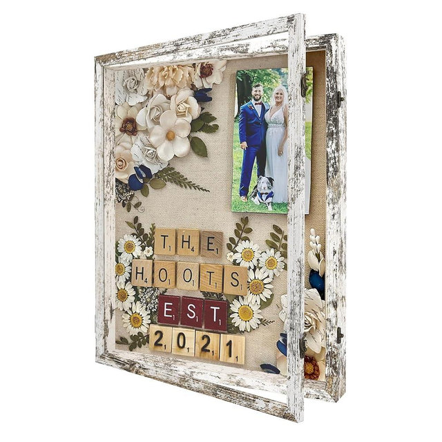 GraduatePro Shadow Box Frame 16x20 Display Case with Linen Back, Plexiglass Window Door with Hinge, Picture Frame Wedding Bouquet Memorabilia Medals Photos Memory Box for Keepsakes Rustic White