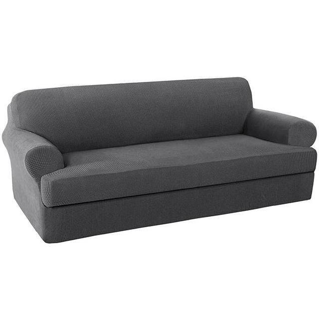 H.VERSAILTEX 2 Pieces Sofa Cover High Stretch Sofa Slipcover Stylish Furniture Cover/Protector Suit for T Cushion/Box Cushion Soft with Elastic Bottom for Kids - Sofa 72"-88" - Charcoal Gray