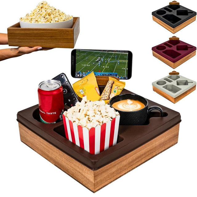 Couch Cup Holder Tray - Couch Caddy with Cup Holder - Sofa Organizer w/Phone Stand - Waterproof, Anti-Spill Sofa Organizer Caddy for Snacks, Remotes & Drinks – Bed & Car Seat Storage (Brown)