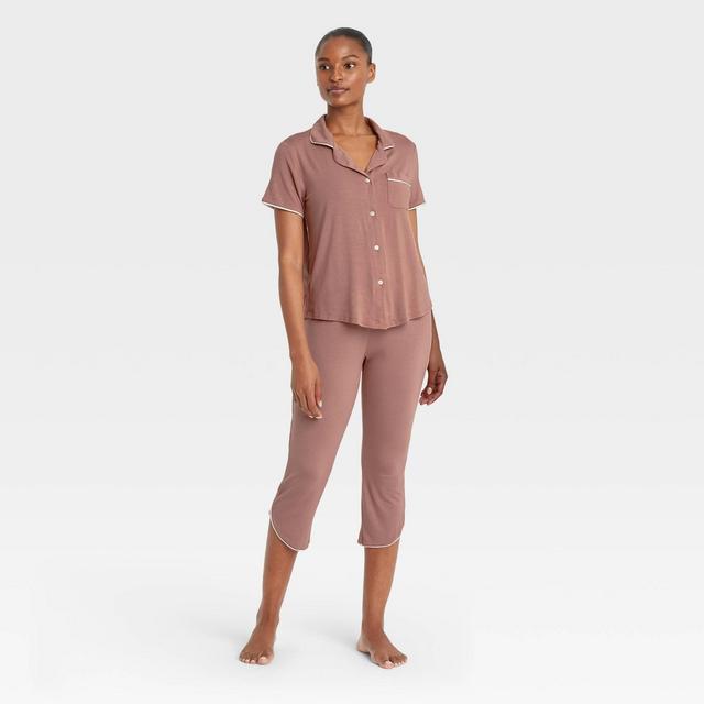 Women's Beautifully Soft Notch Collar Cropped Pajama Set - Stars Above™ Rose Pink L
