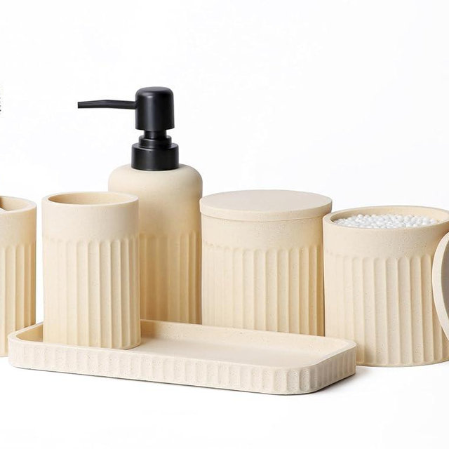 INIUNIK Bathroom Accessory Set - 6 Pieces Bathroom Accessories Set Complete with Soap Dispenser, Toothbrush Holders, Tumbler, Vanity Tray and 2 Qtip Holder for Home Organizer and Decor, Beige