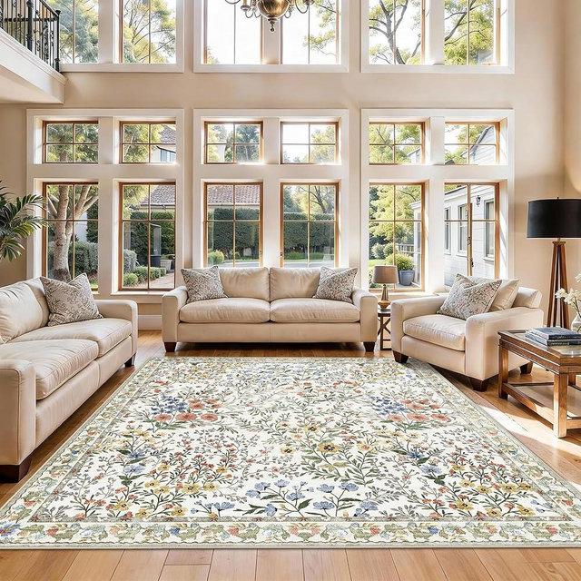 7x7 Vintage Floral Dining Room Rug - 7ft Square Low Pile Non Slip Machine Washable Area Rug, Indoor Carpet for Under Table/Bed Living Room Bedroom Office Nursery Entryway Playroom (7ft Square, Beige)