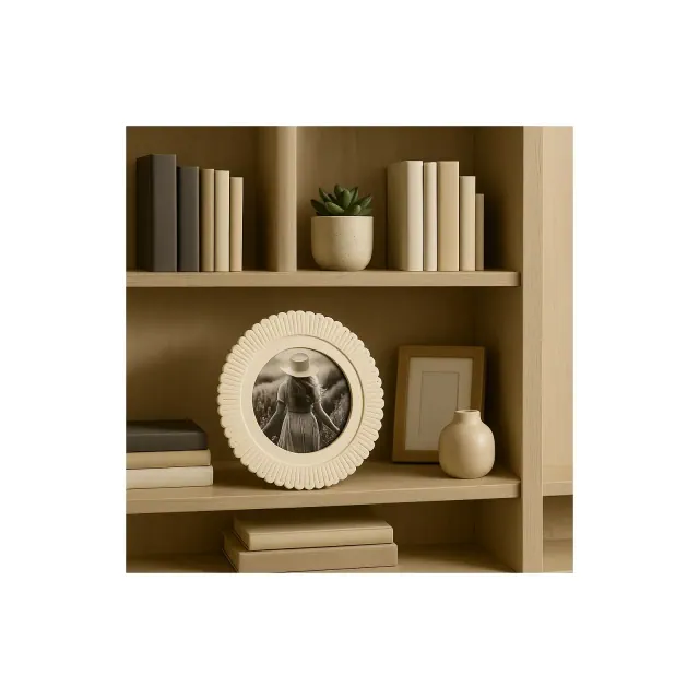 Stylish Round Picture Frame with Etched Petal Border - Decorative Resin Photo Frame for Entryway Tabletop, Home Decor, or Living Room - 6.75", Ivory