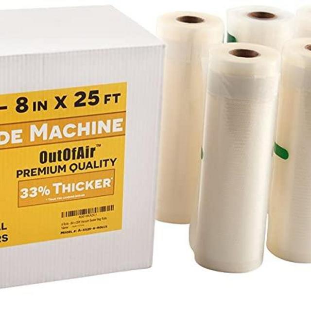 8" x 25' Rolls (Fits Inside Machine) - BULK 8 Pack (200 ft total) OutOfAir Vacuum Sealer Rolls Works With FoodSaver & Other Machines, 33% Thicker BPA Free FDA Approved Sous Vide Commercial Grade Bags