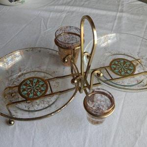 RARE 1950's Mid Century Modern Atomic Glass Double Dish Serving Snack Relish Caddy Turquoise & Gold